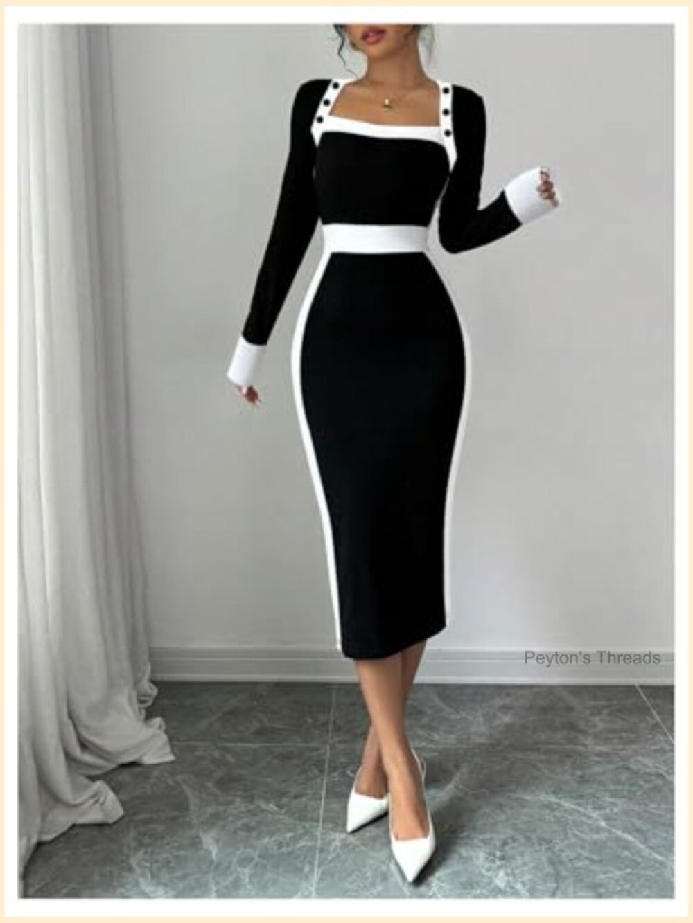 Long Sleeve Square Neck Bodycon Midi Dress Pencil Cocktail Party - Picture 5 of 7